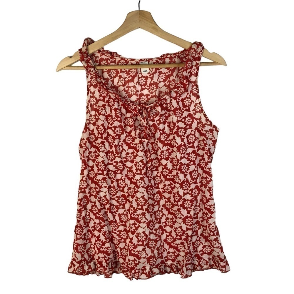 Old Navy Red &‎ White Floral Ruffle Neck Tank Top M